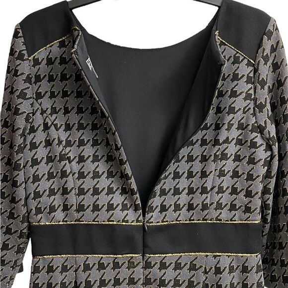Vintage Lesley Fay Houndstooth Midi Dress Size 10 Black Grey Gold 3/4 Sleeves - Picture 12 of 15